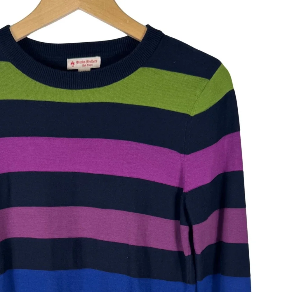 Brooks Brothers Red Fleece Striped Cotton Crewneck Sweater Womens M Navy Green